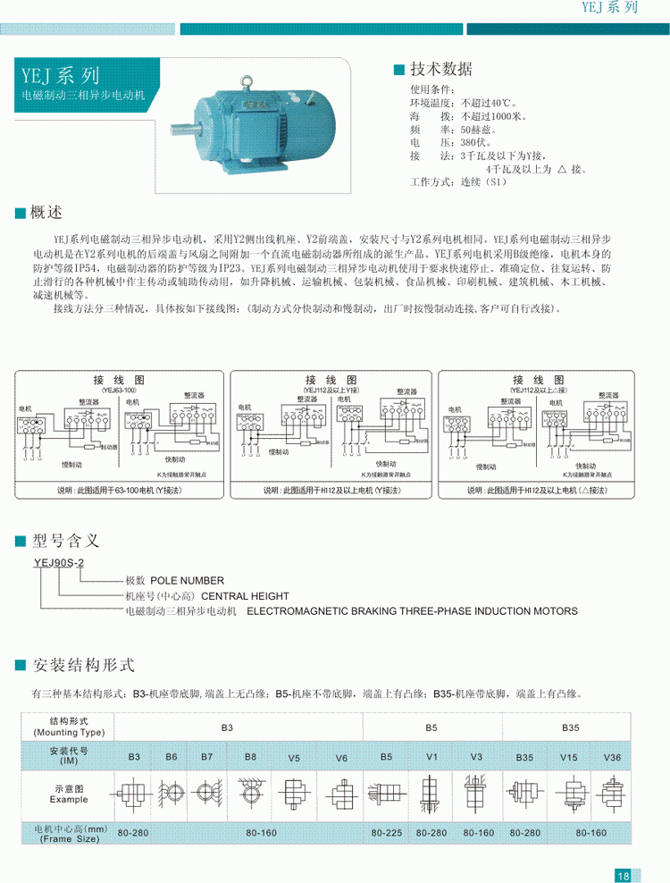 YEJ系列电磁制动三相异步电动机技术数据