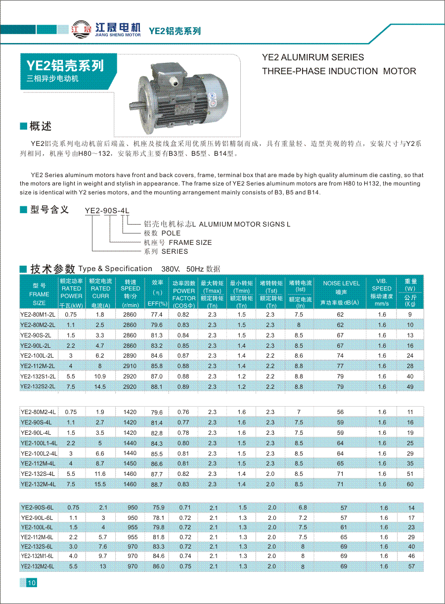 YE2铝壳系列高效率三相异步电动机