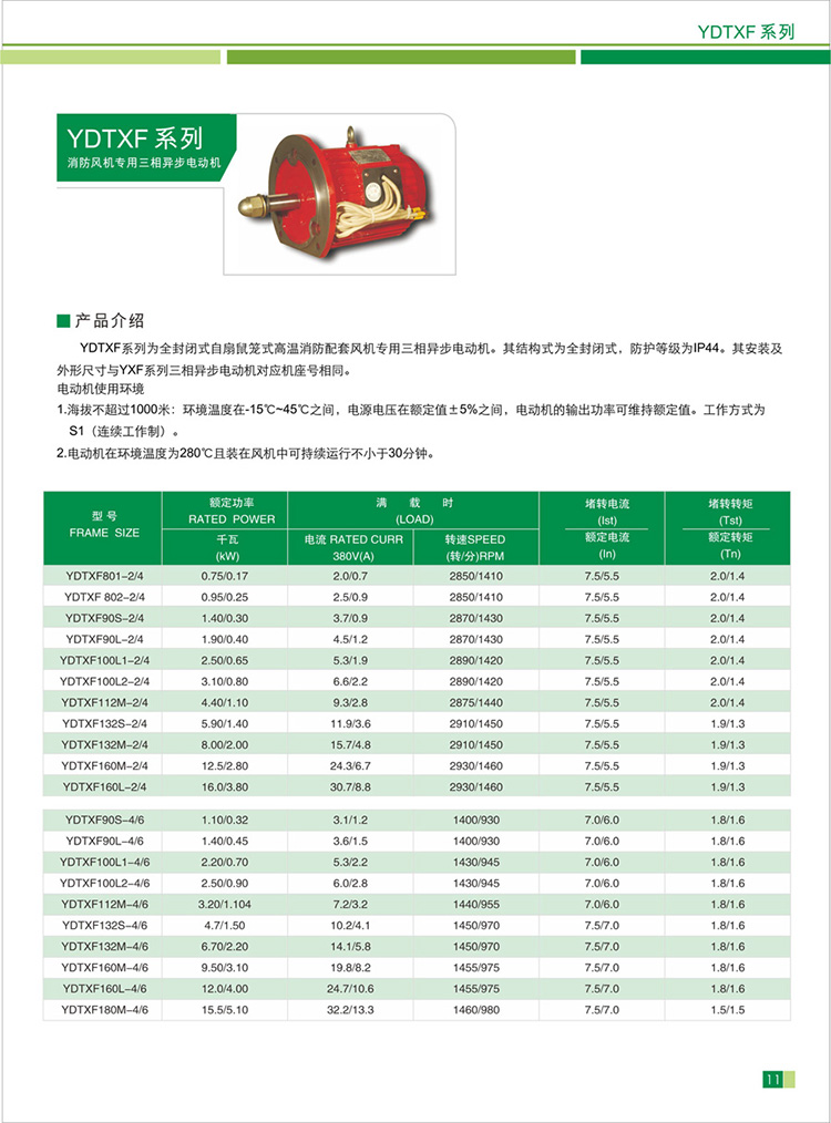 江晟YDTXF系列消防风机专用三相异步电动机参数表