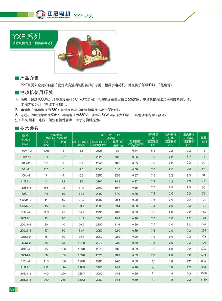 YXF系列江晟高温消防配套三相异步电动机参数表